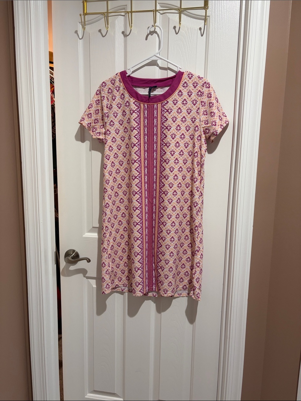 Short Sleeve Pink Print Mini Dress with Central Stripe